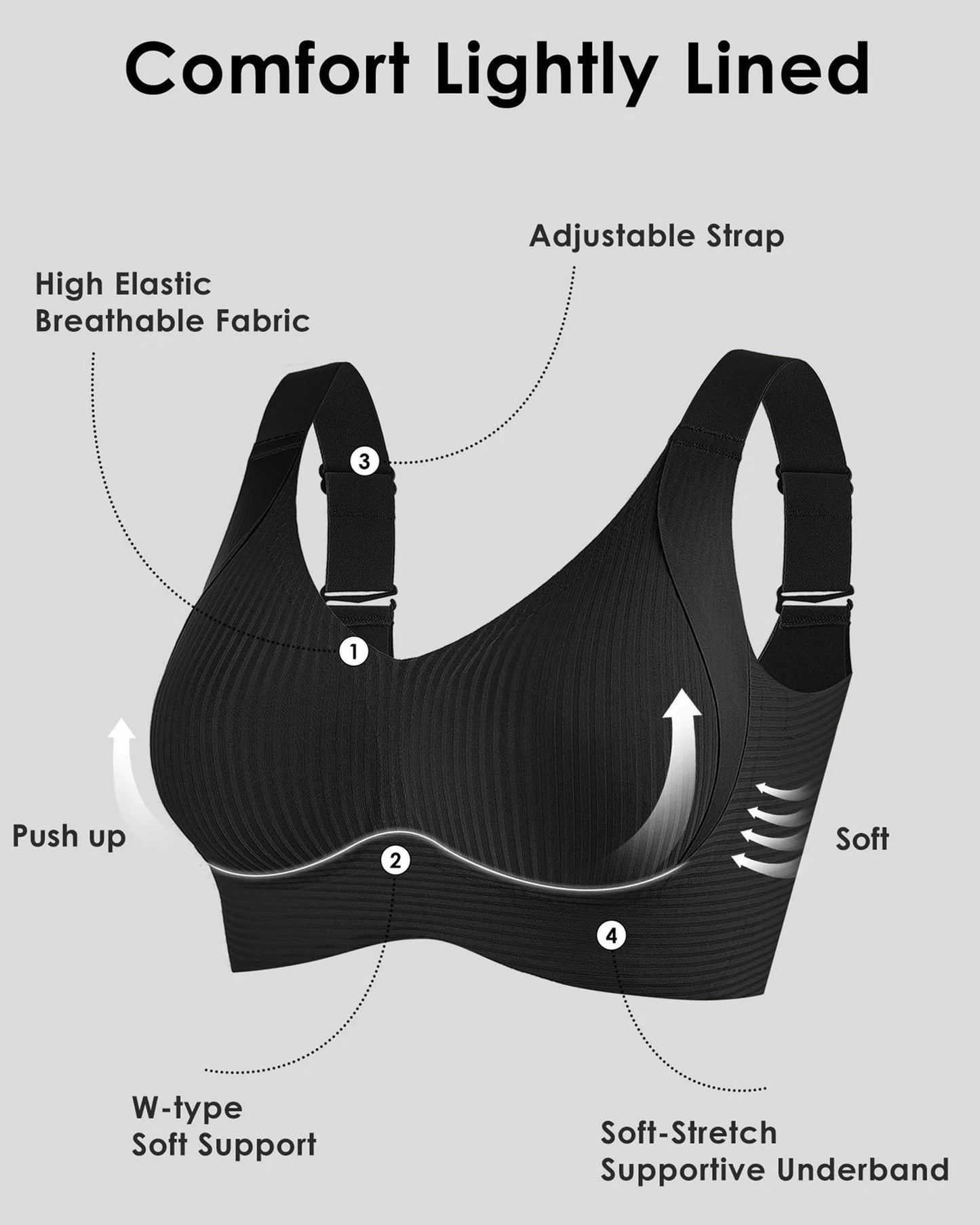 Ribbet Push Up justerbar trådløs bh for kvinner